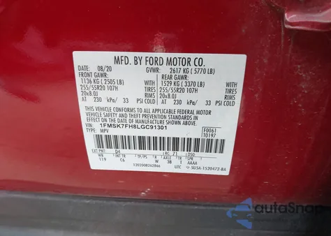 2020 Ford Explorer Limited z USA, uszkodzony, nr VIN 1FMSK7FH8LGC91301